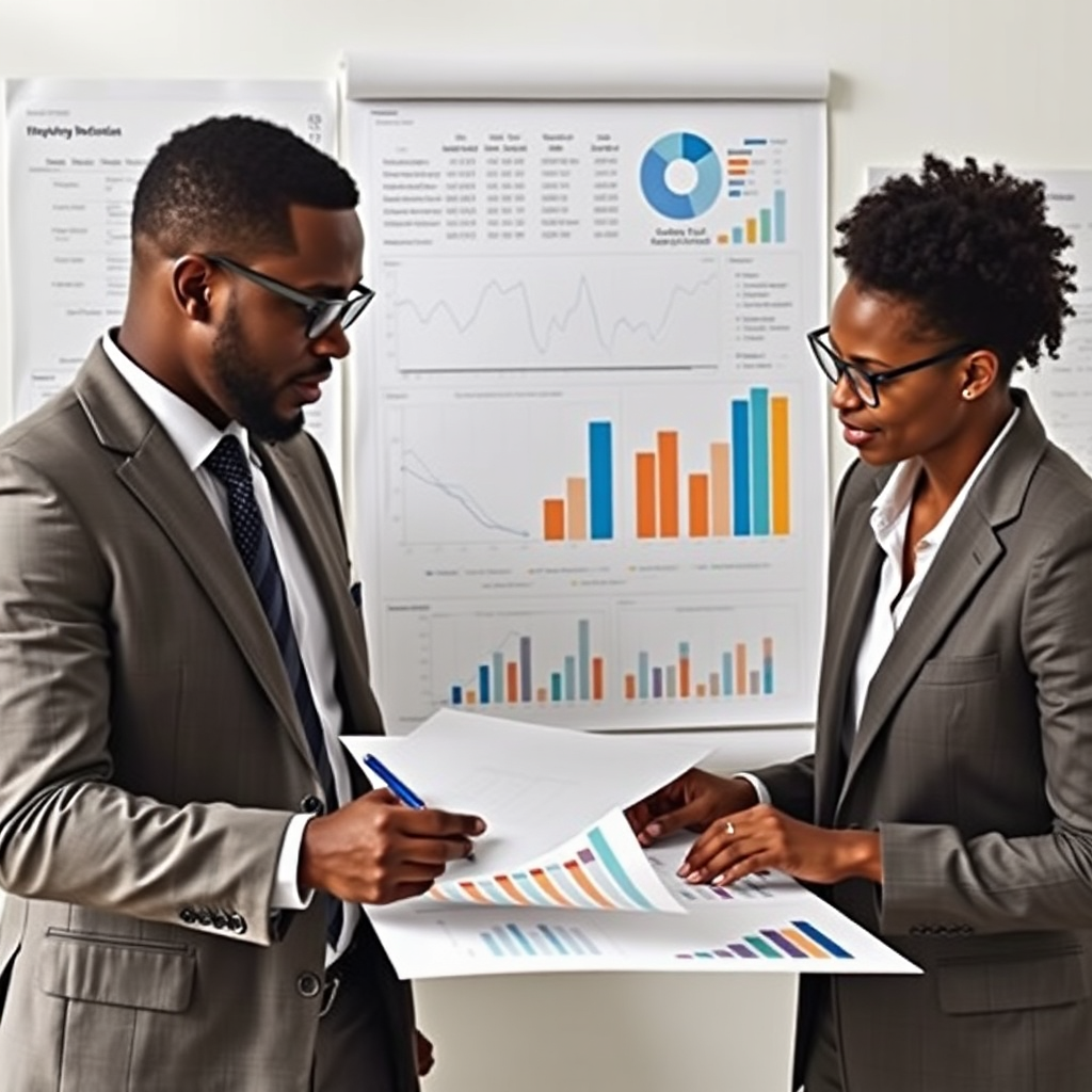 An insightful image featuring a mentor guiding a younger investor through charts and graphs, representing expert guidance. The office has floor-to-ceiling windows with a bright view of the skyline. The color palette is light and airy with soft whites and blues. The camera angle captures the mentor's pointing gesture towards the charts. Texture details reflect the sleek office environment's modern finish. Style references focus on mentorship themes. Technical specs: photorealistic.
